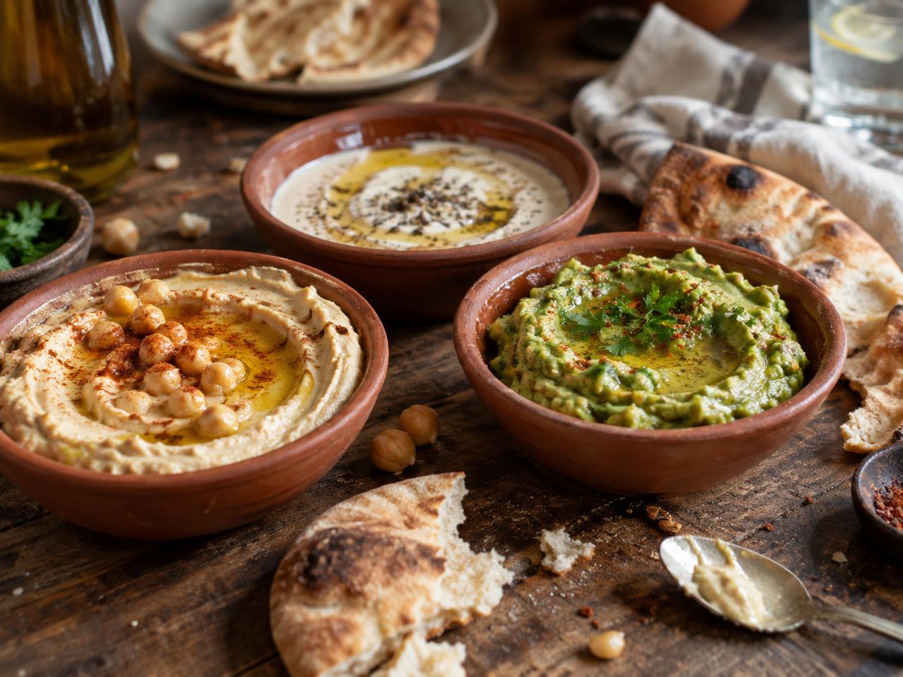 Hummus, tahini and guacamole in terracotta bowls with sourdough pita