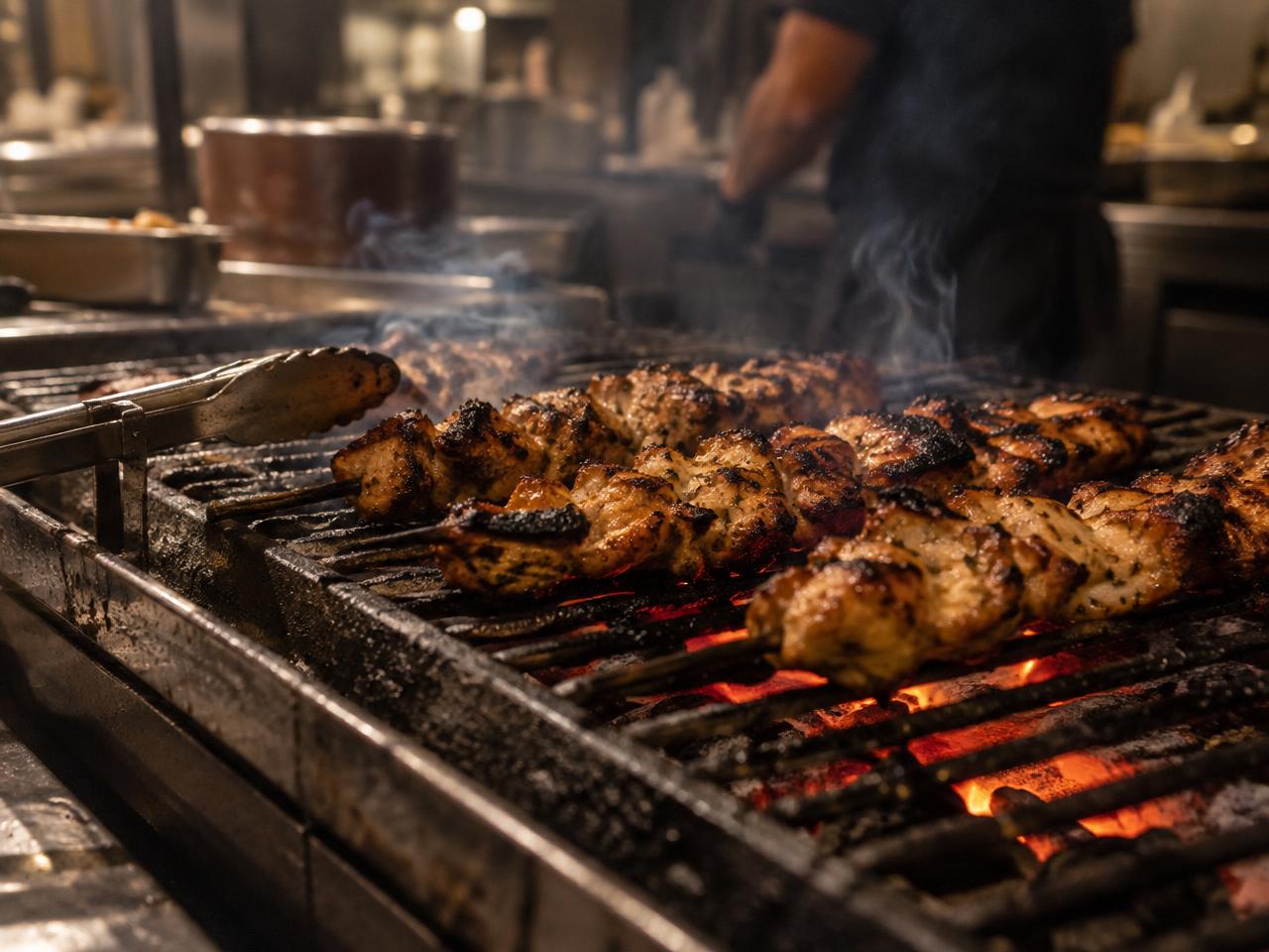 Chef grilling marinated chicken skewers over open flame